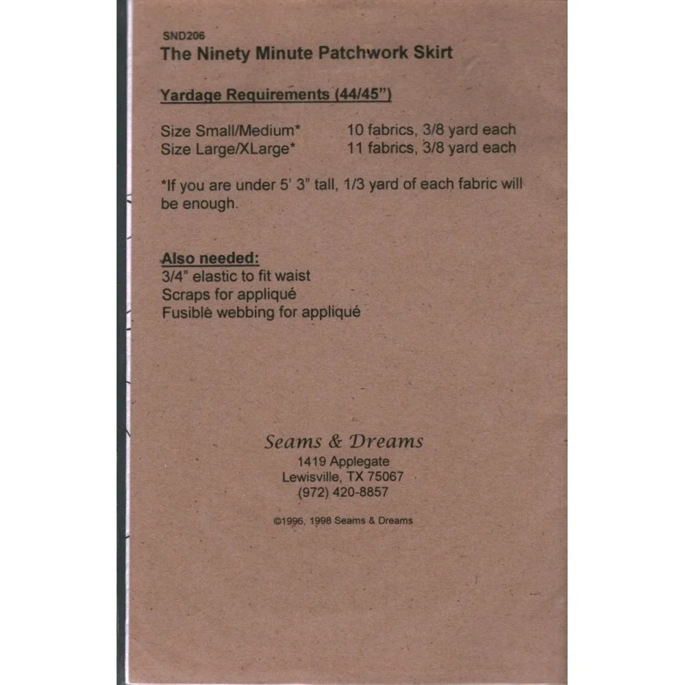 Seams & Dreams The Ninety Minute Patchwork Skirt‎ Sewing Pattern SND206 Vintage